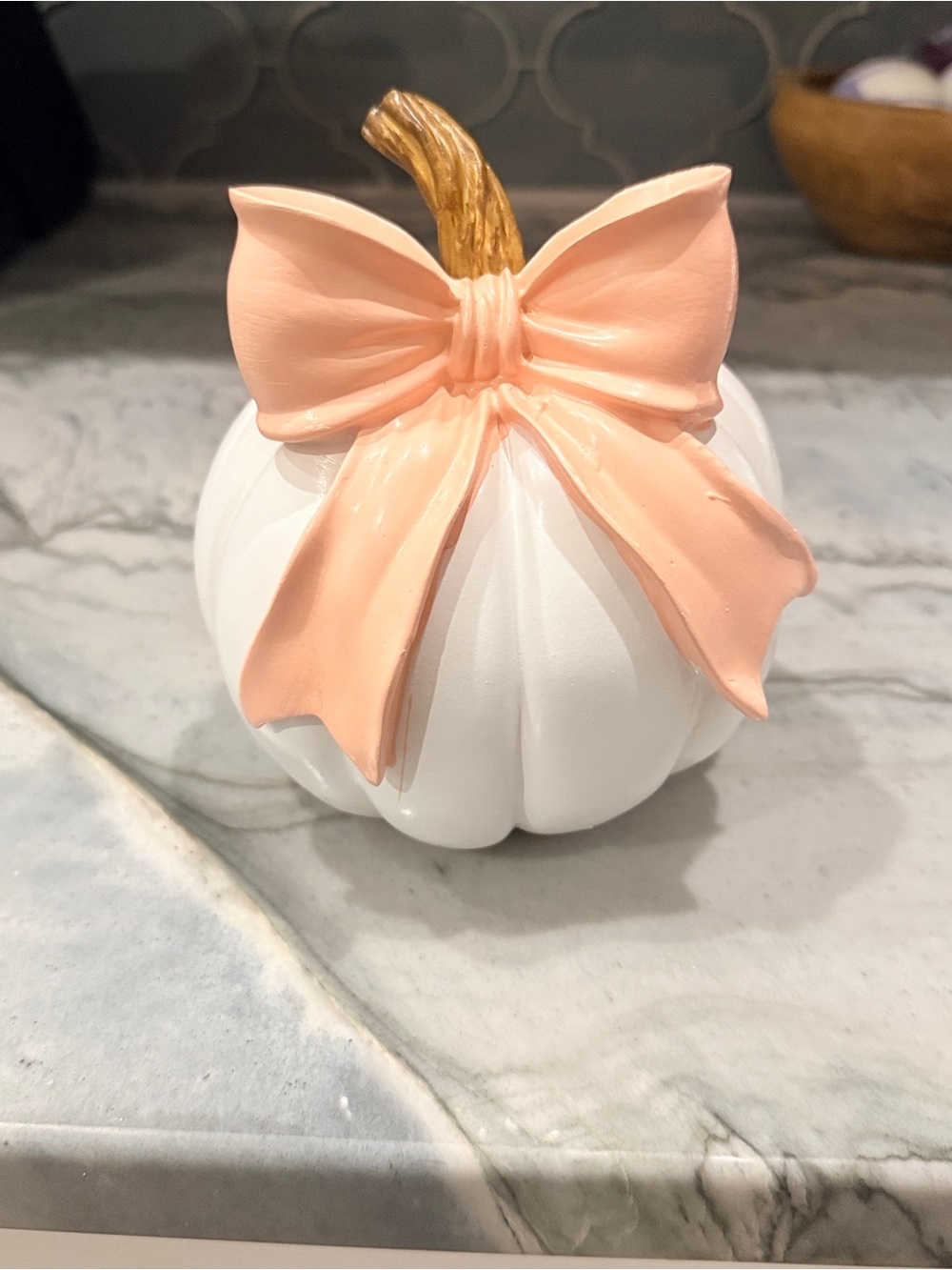 Hobby Lobby White Pumpkin with Peach Bow and Gold Stem Accent
